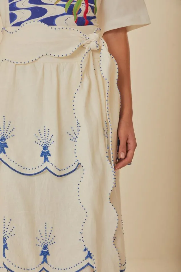 OffWhite Sea Of Fish Embroidered Midi Skirt Women FARM Rio Skirts