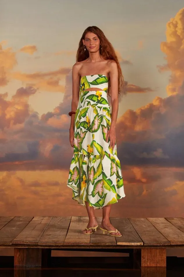 OffWhite Summer Foliage Euroflax Premium Linen Midi Dress Women FARM Rio Midi Dresses