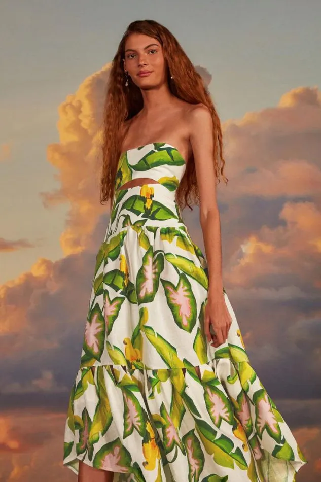 OffWhite Summer Foliage Euroflax Premium Linen Midi Dress Women FARM Rio Midi Dresses