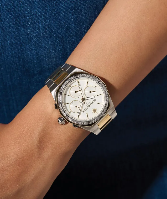 Olivia Burton Sports Luxe Watches Women 38mm Hexa MultiFunction White and Two Tone Bracelet Watch