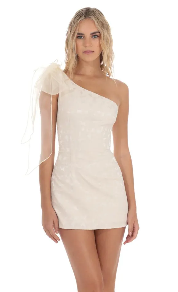 One Shoulder Jacquard Bow Dress Cream Women LUCY IN THE SKY Mini Dresses