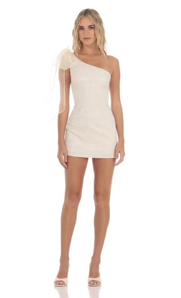 One Shoulder Jacquard Bow Dress Cream Women LUCY IN THE SKY Mini Dresses One Shoulder Jacquard Bow Dress Cream Women LUCY IN THE SKY Mini Dresses