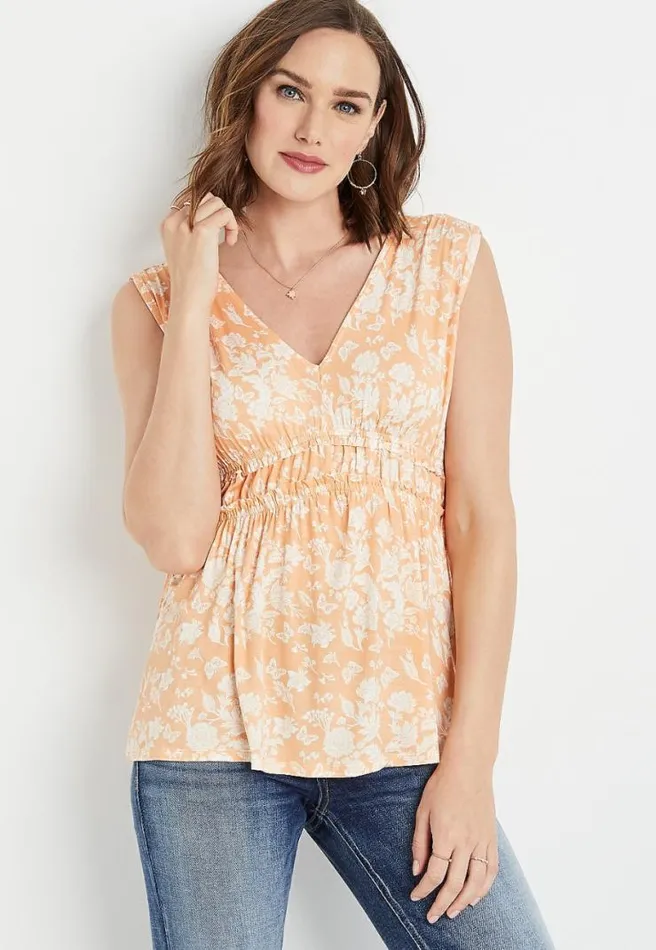 Orange Floral Ruffle Waist Tank Top Women Maurices Tops
