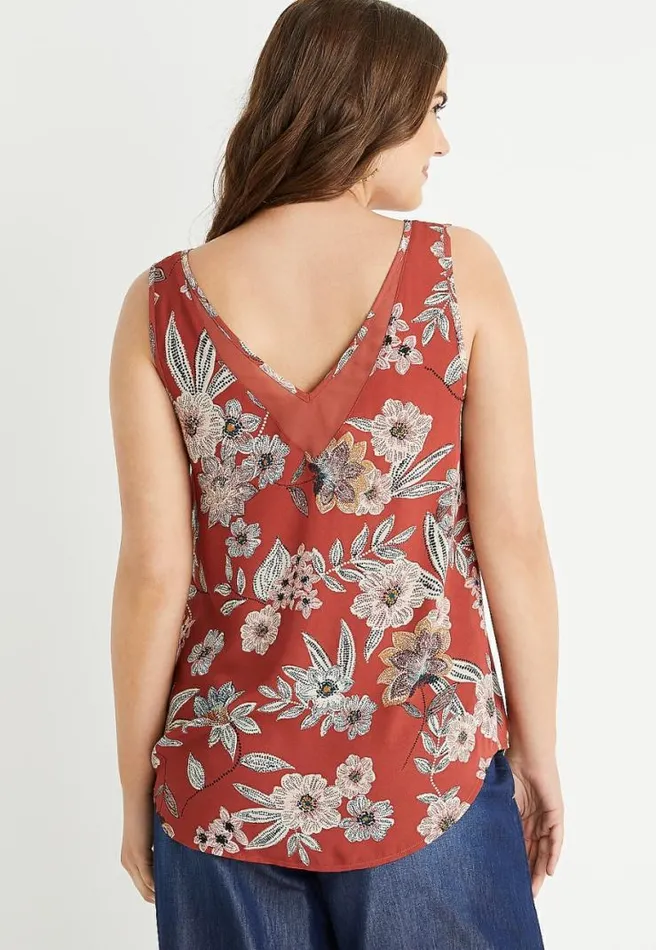 Orange Floral Sheer Inset V Neck Tank Top Women Maurices Tops