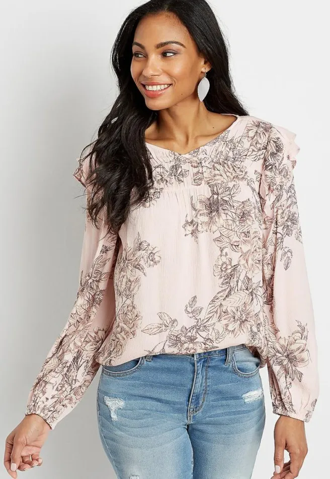 Pink Floral Ruffle Long Sleeve Peasant Top Women Maurices Tops