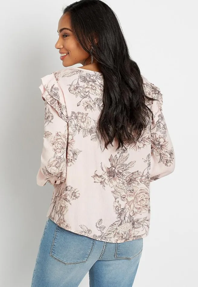 Pink Floral Ruffle Long Sleeve Peasant Top Women Maurices Tops