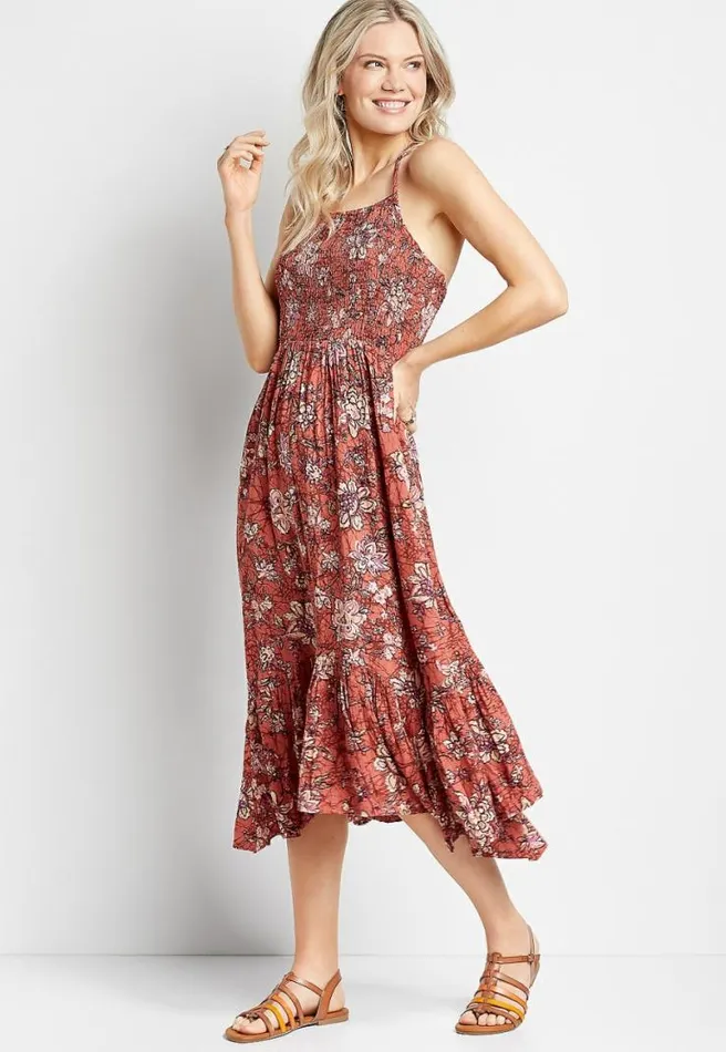 Pink Floral Smocked Top Midi Dress Women Maurices Dresses and Jumpsuits