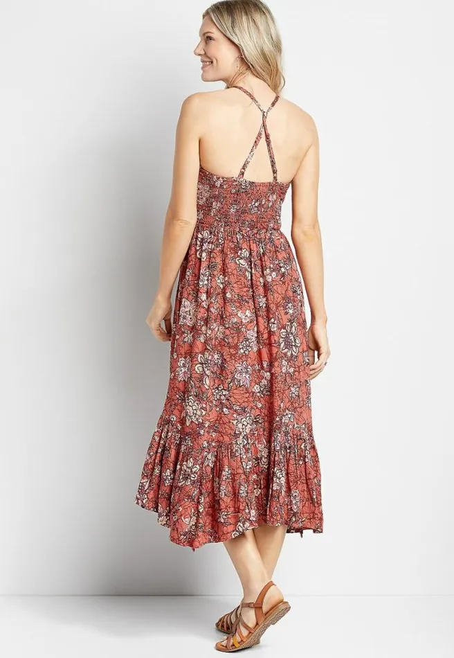 Pink Floral Smocked Top Midi Dress Women Maurices Dresses and Jumpsuits