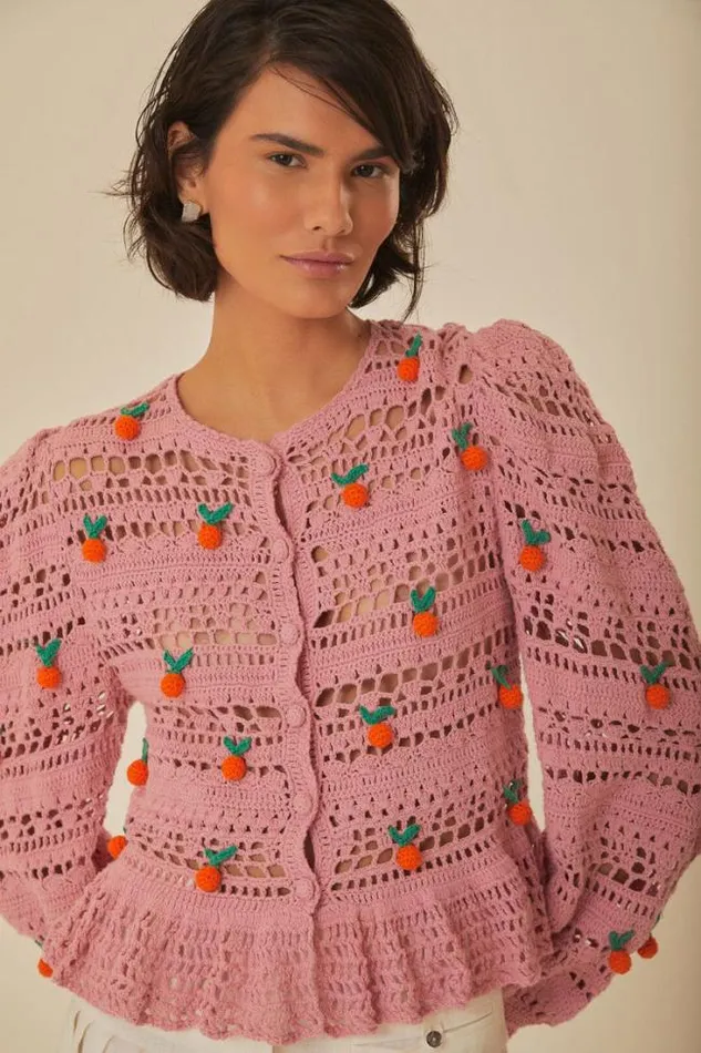 Pink Orange Tassel Crochet Blouse Women FARM Rio Blouses