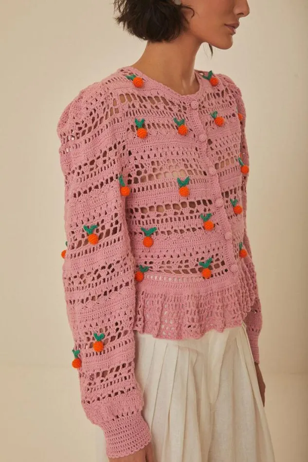 Pink Orange Tassel Crochet Blouse Women FARM Rio Blouses