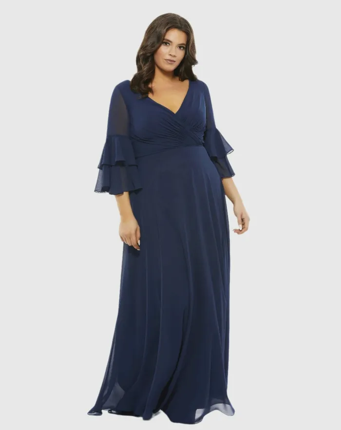 Pleated Bell Sleeve Chiffon Gown Plus Navy Women Plus Size Dresses Mac Duggal