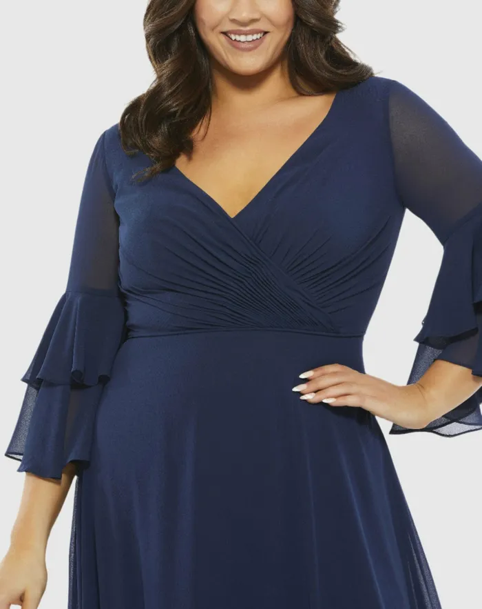 Pleated Bell Sleeve Chiffon Gown Plus Navy Women Plus Size Dresses Mac Duggal