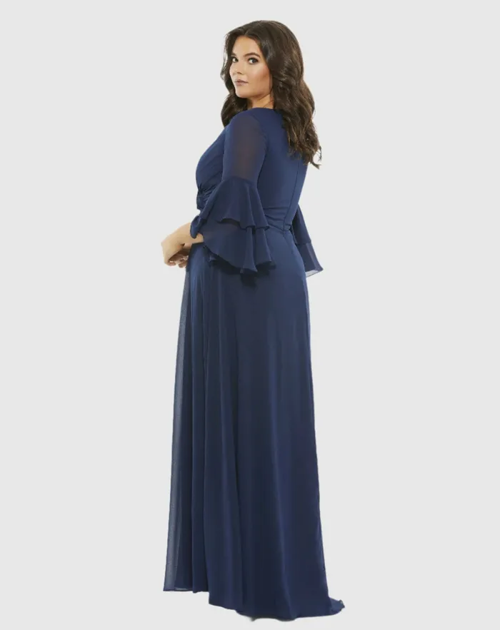 Pleated Bell Sleeve Chiffon Gown Plus Navy Women Plus Size Dresses Mac Duggal