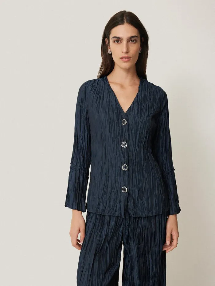 Plisse Button Up Top Navy Women Jigsaw Shirts and Tops