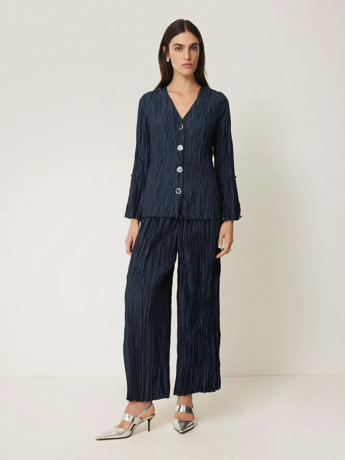 Plisse Button Up Top Navy Women Jigsaw Shirts and Tops