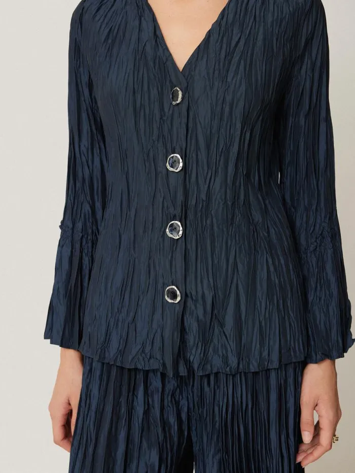 Plisse Button Up Top Navy Women Jigsaw Shirts and Tops