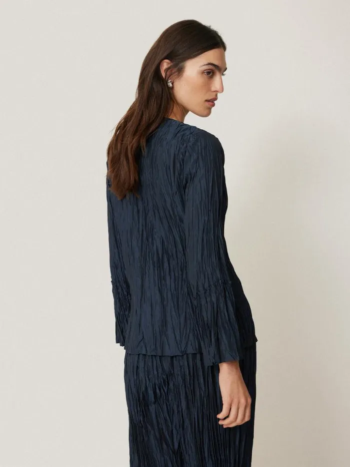 Plisse Button Up Top Navy Women Jigsaw Shirts and Tops
