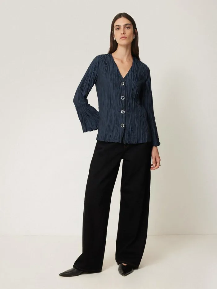 Plisse Button Up Top Navy Women Jigsaw Shirts and Tops