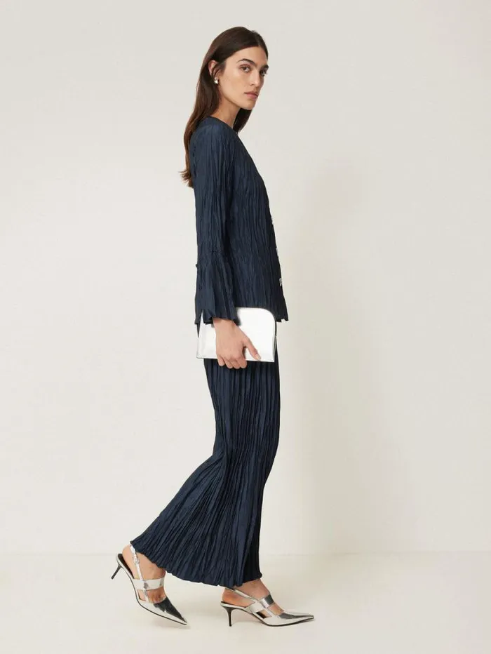 Plisse Button Up Top Navy Women Jigsaw Shirts and Tops