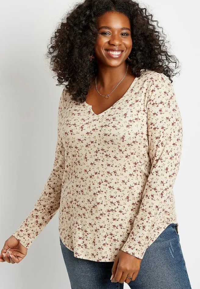 Plus Size 247 Ditsy Floral Split Neck Cozy Tee Women Maurices Plus Tops