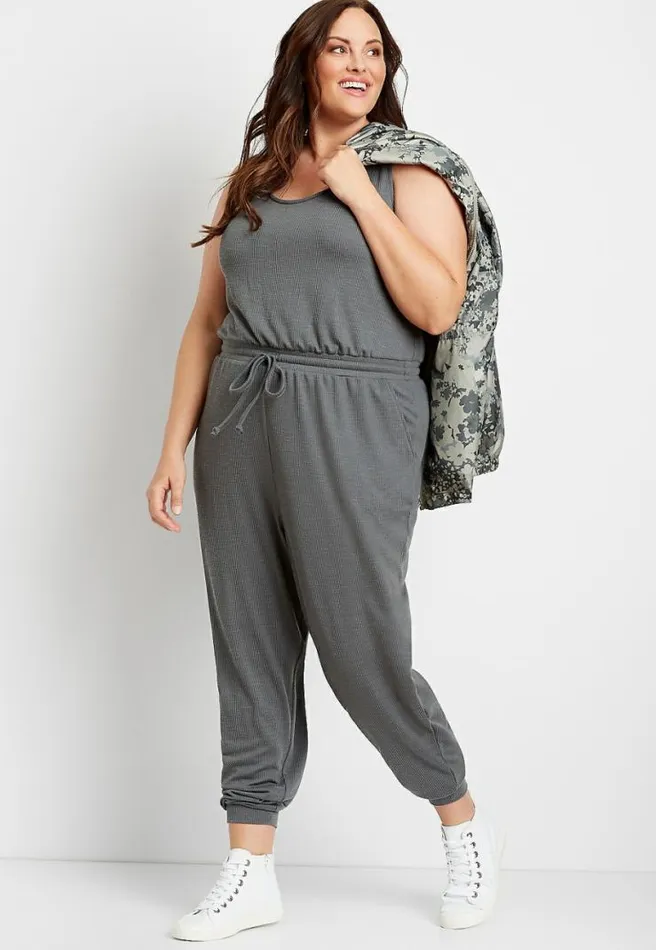 Plus Size 247 Ribbed Jogger Drawcord Pocket Jumpsuit Women Maurices Plus Dresses and Jumpsuits