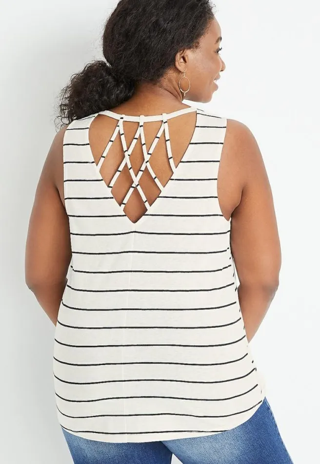 Plus Size 247 White Striped Strappy Back Classic Tank Top Women Maurices Plus Tops