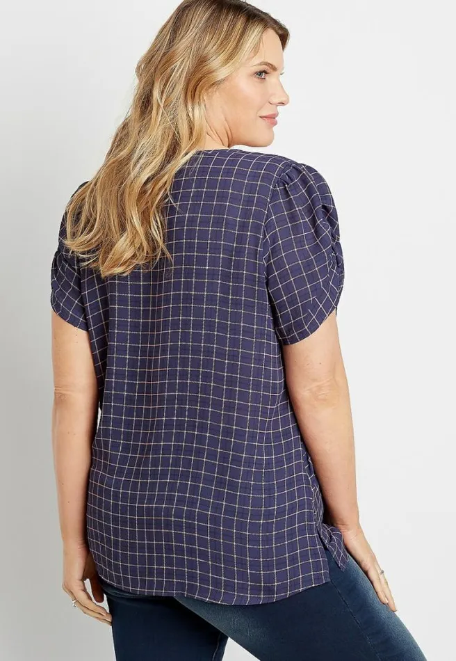 Plus Size Blue Plaid Ruched Sleeve Blouse Women Maurices Plus Tops