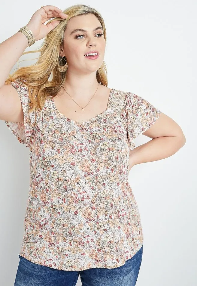 Plus Size Ditsy Floral Smocked Flutter Sleeve Blouse Women Maurices Plus Tops