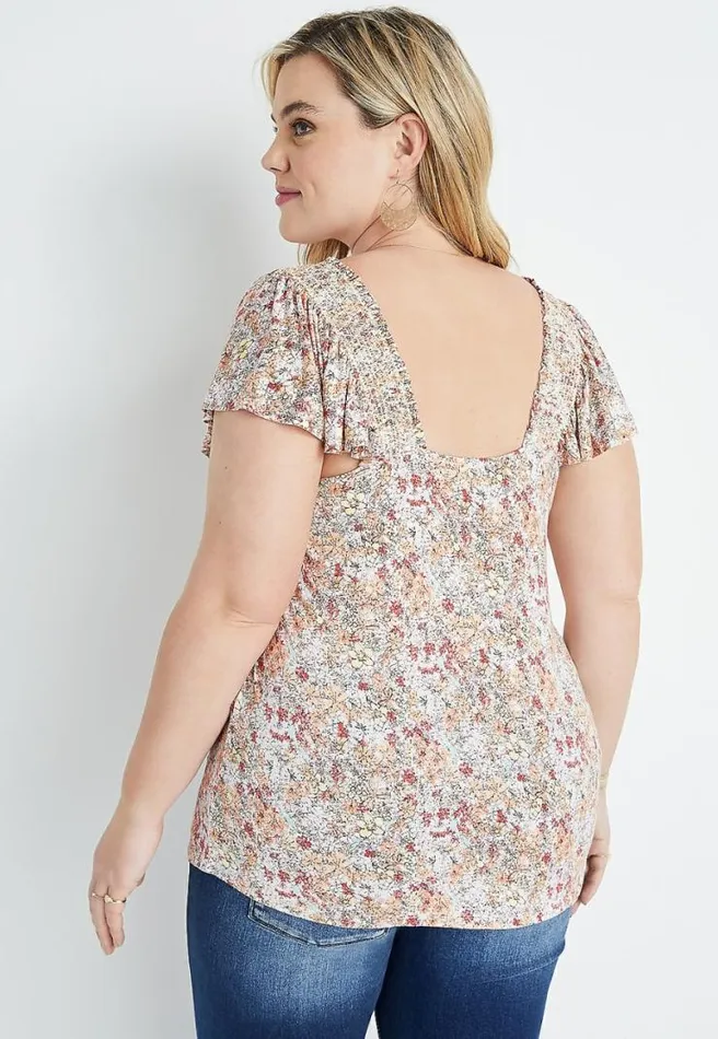 Plus Size Ditsy Floral Smocked Flutter Sleeve Blouse Women Maurices Plus Tops