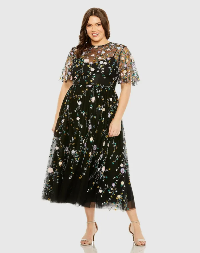Plus Size Dresses Mac Duggal Women Sequin Floral Embroidered Dress Black Multi