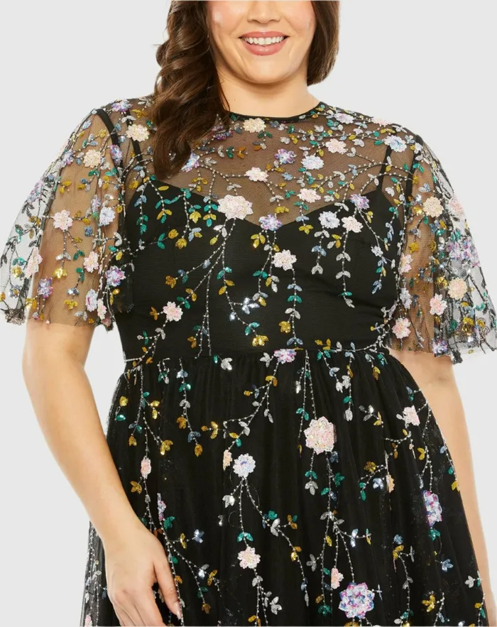 Plus Size Dresses Mac Duggal Women Sequin Floral Embroidered Dress Black Multi Plus Size Dresses Mac Duggal Women Sequin Floral Embroidered Dress Black Multi