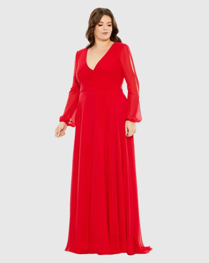 Plus Size Dresses Split Puff Sleeve Faux Wrap A Line Gown Red 8211 Mac Duggal Women