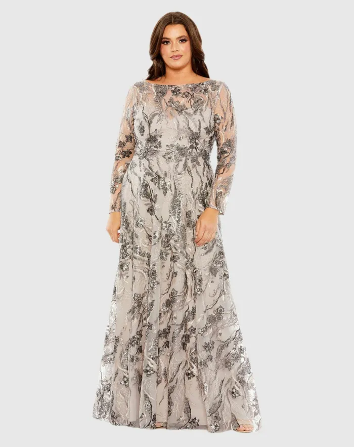Plus Size Dresses Women Mac Duggal Embroidered Long Sleeve A Line Gown Taupe
