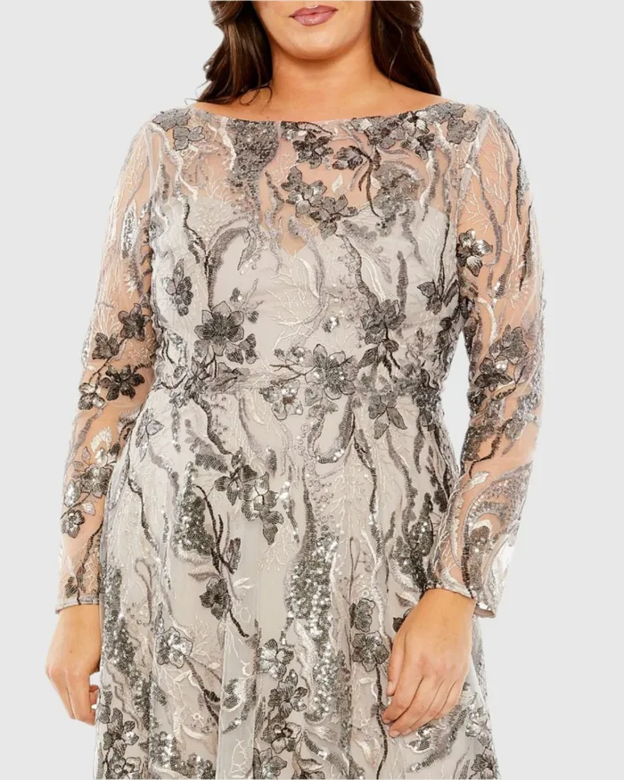 Plus Size Dresses Women Mac Duggal Embroidered Long Sleeve A Line Gown Taupe Plus Size Dresses Women Mac Duggal Embroidered Long Sleeve A Line Gown Taupe