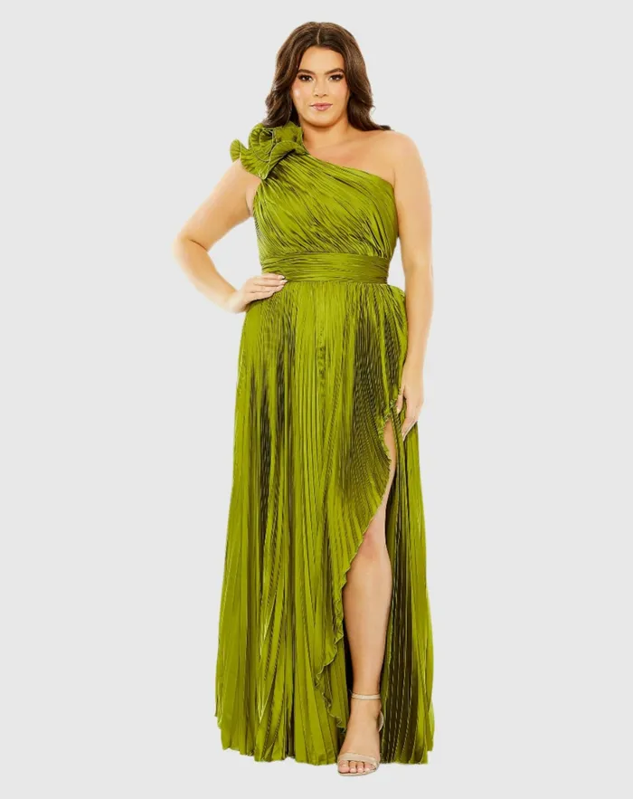 Plus Size Dresses Women Pleated One Shoulder Rosette Detail Dress Apple Green Mac Duggal Plus Size Dresses Women Pleated One Shoulder Rosette Detail Dress Apple Green Mac Duggal