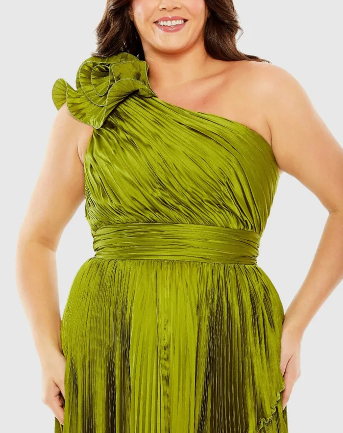 Plus Size Dresses Women Pleated One Shoulder Rosette Detail Dress Apple Green Mac Duggal Plus Size Dresses Women Pleated One Shoulder Rosette Detail Dress Apple Green Mac Duggal