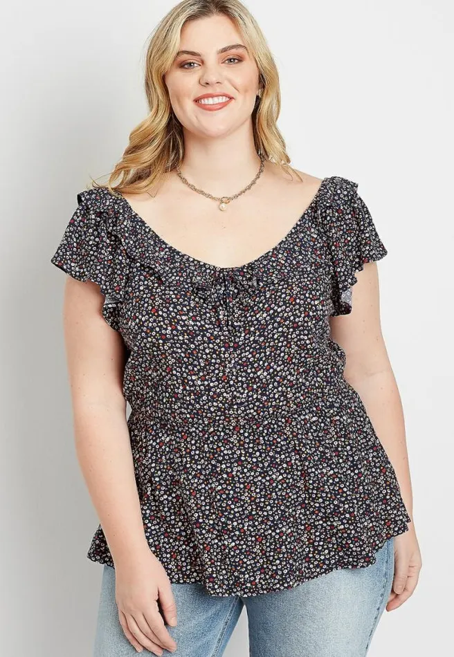 Plus Size Navy Floral Ruffle Trim Top Women Maurices Plus Tops