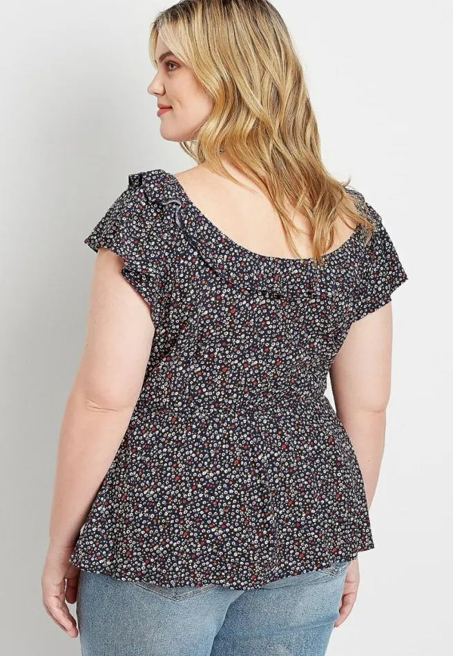 Plus Size Navy Floral Ruffle Trim Top Women Maurices Plus Tops