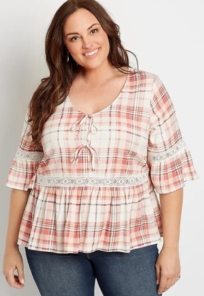 Plus Size Plaid Double Tie Bell Sleeve Top Women Maurices Plus Tops