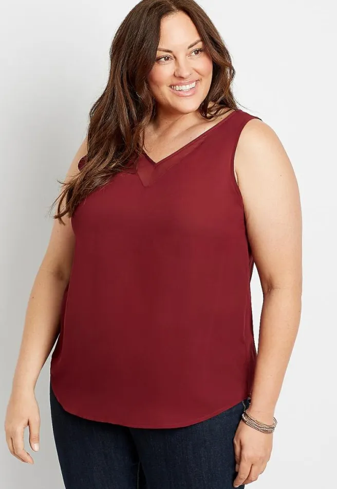 Plus Size Red Sheer Inset V Neck Tank Top Women Maurices Plus Tops