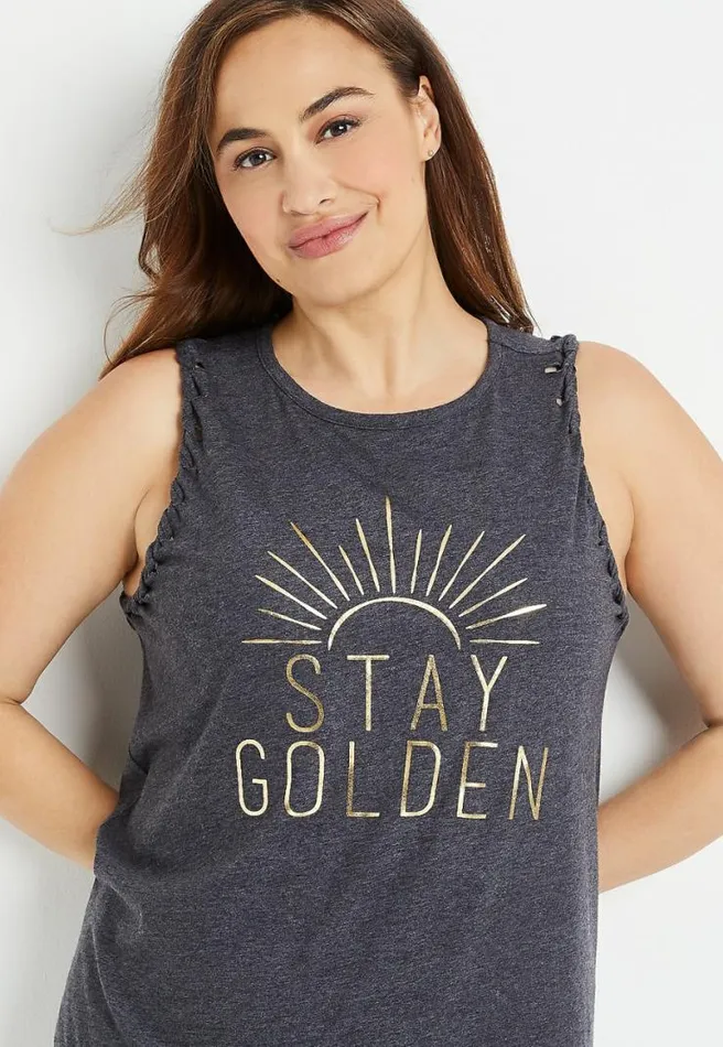 Plus Size Stay Golden Braided Arm Graphic Tank Top Women Maurices Plus Tops