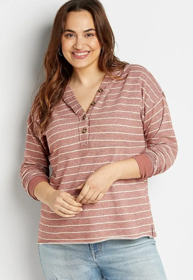 Plus Size Striped Button Front Hoodie Women Maurices Plus Tops