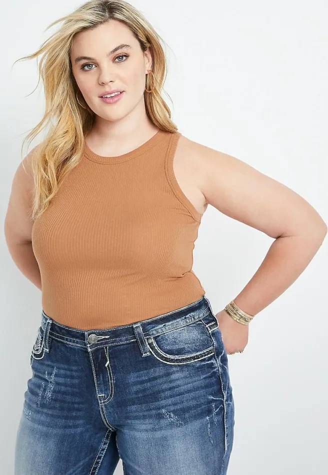 Plus Size Tan High Neck Fitted Ribbed Tank Top Women Maurices Plus Tops