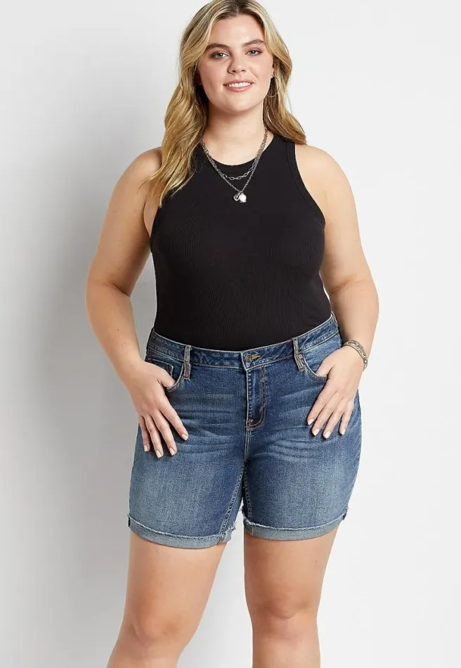 Plus Size Vigoss Classic Medium Wash Fray Cuffed Hem Bermuda Short Women Maurices Plus Bottoms