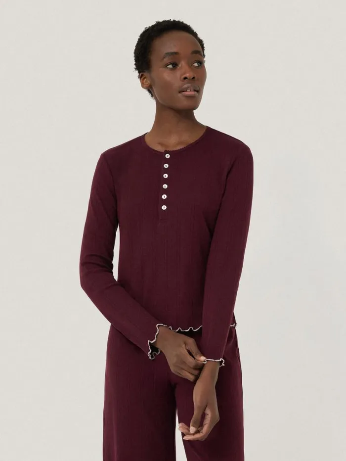 Pointelle Pyjama Henley Top Burgundy Women Jigsaw Pyjamas and Loungewear