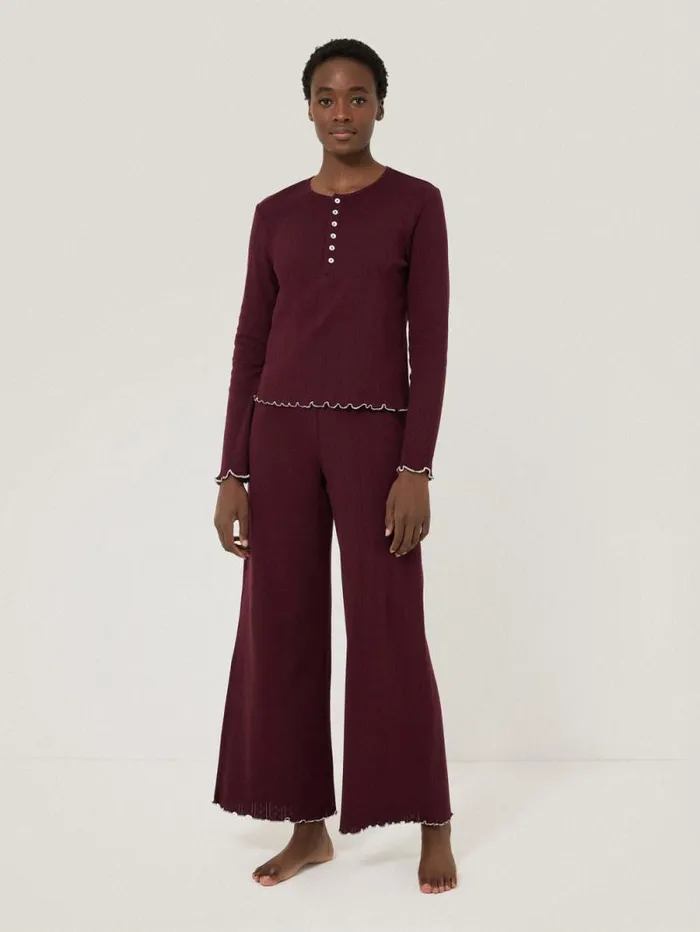 Pointelle Pyjama Henley Top Burgundy Women Jigsaw Pyjamas and Loungewear
