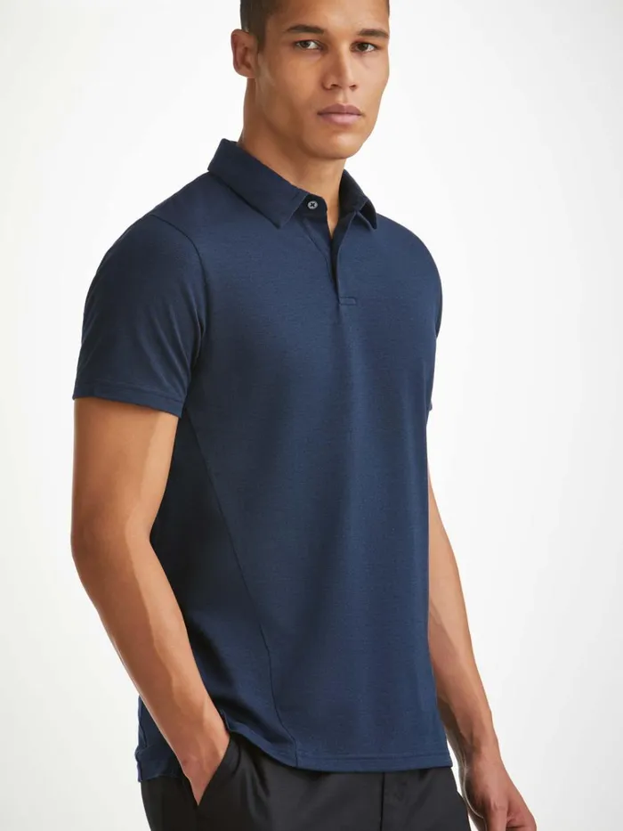Polo Shirts Men Derek Rose Polo Shirt Ramsay 2 Pique Cotton Tencel Navy