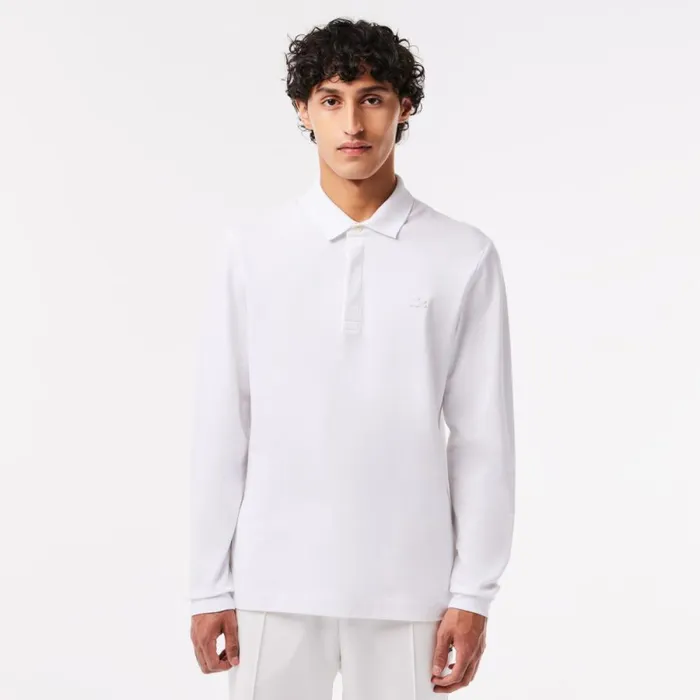 Polos Men Lacoste Men039s Smart Paris Long Sleeve Stretch Cotton Polo White 001