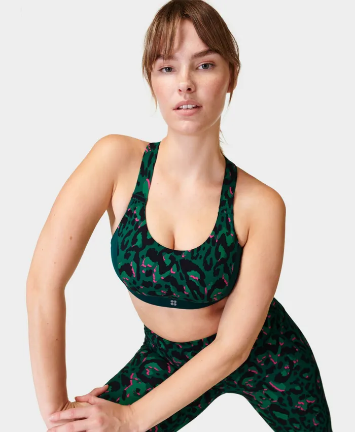 Power Medium Support Sports Bra Green Brushstroke Leo Print Women Underwear Sweaty Betty