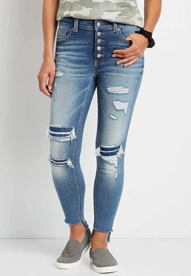 Premium High Rise Medium Backed Destructed Button Fly Skinny Jean Women Maurices Jeans